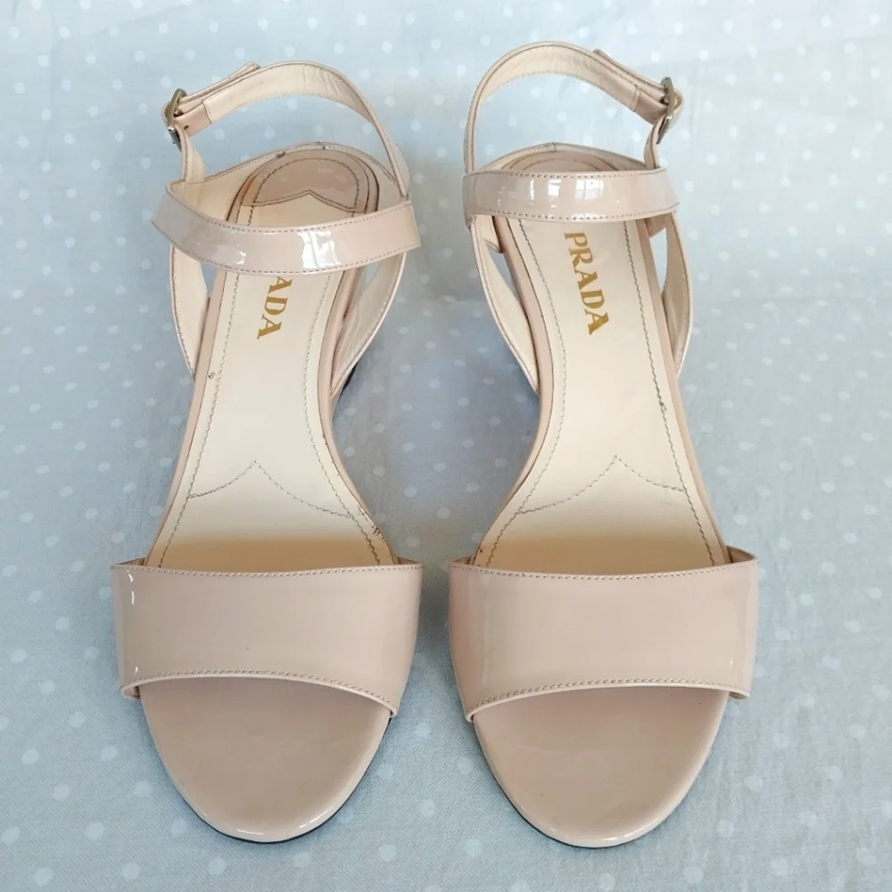 Prada Nude Patent Leather Ankle Slingback Wedge Sandals - Picture 5 of 12